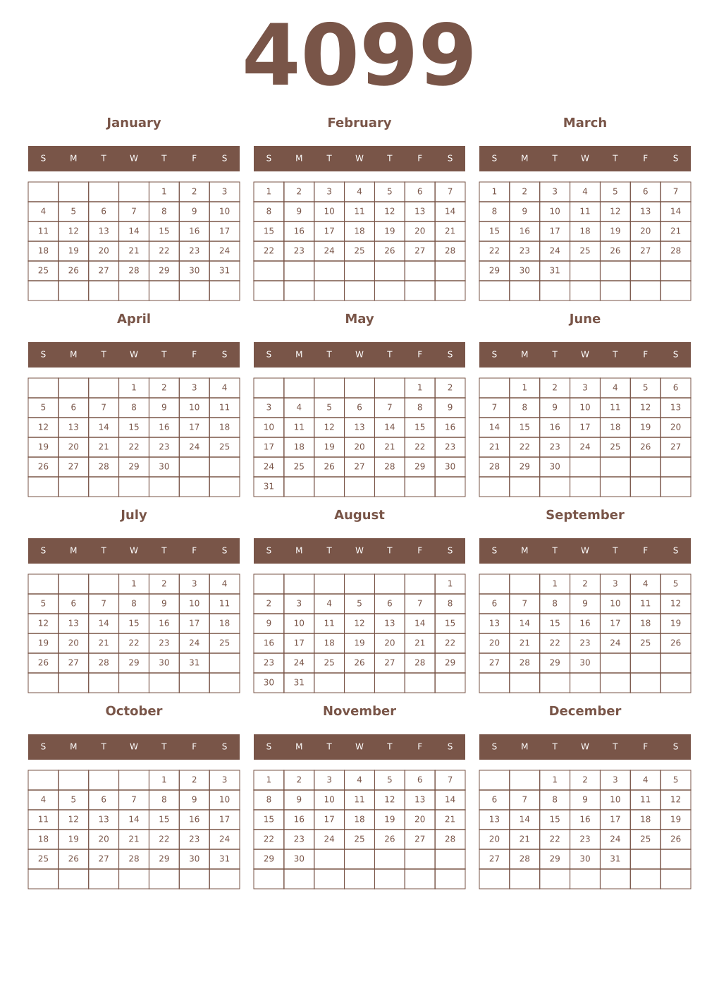 Printable 4099 Year Calendars coffe