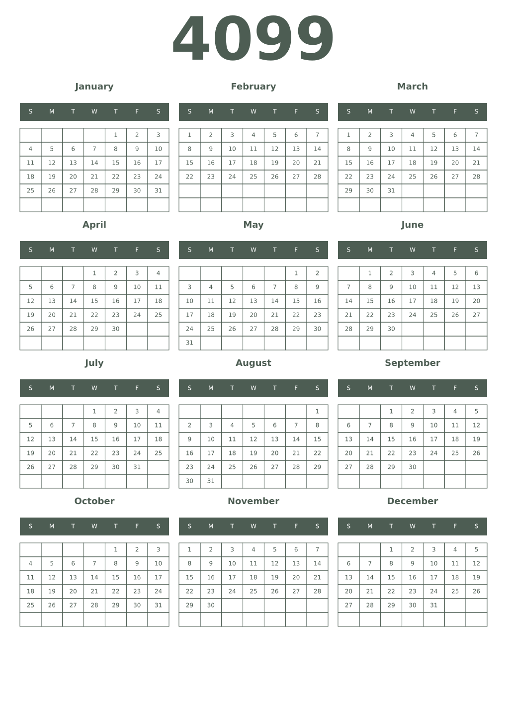 Printable 4099 Year Calendars feldgrau