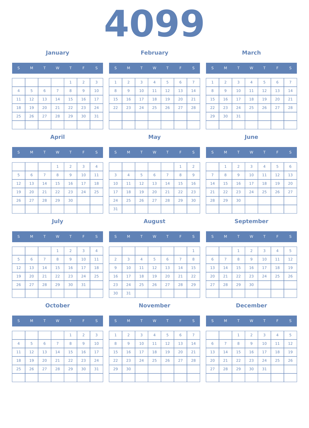 Printable 4099 Year Calendars glaucous