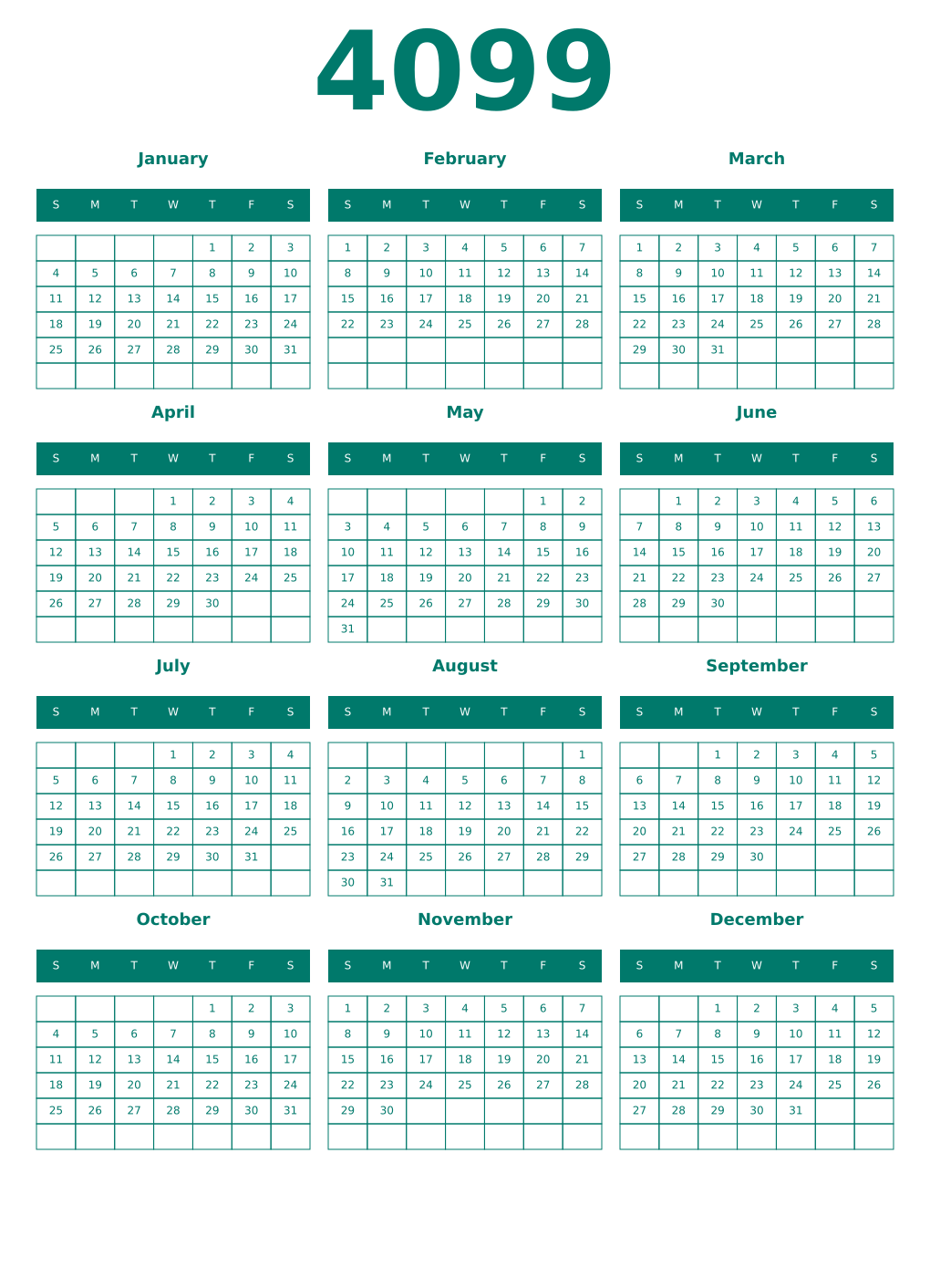 Printable 4099 Year Calendars pastel
