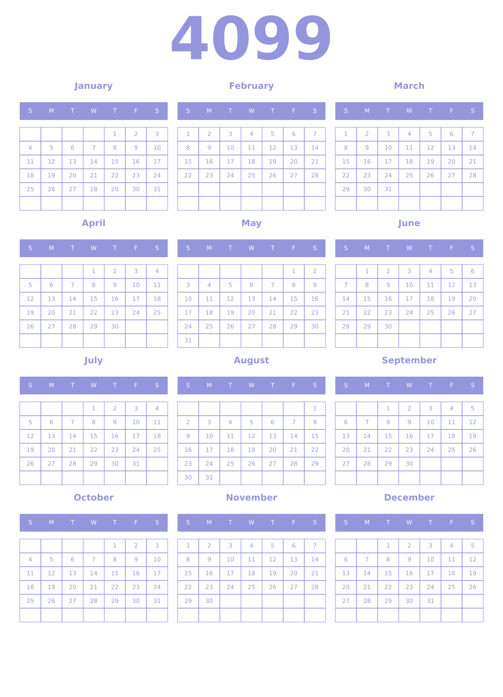 Printable 4099 Year Calendars periwinkle