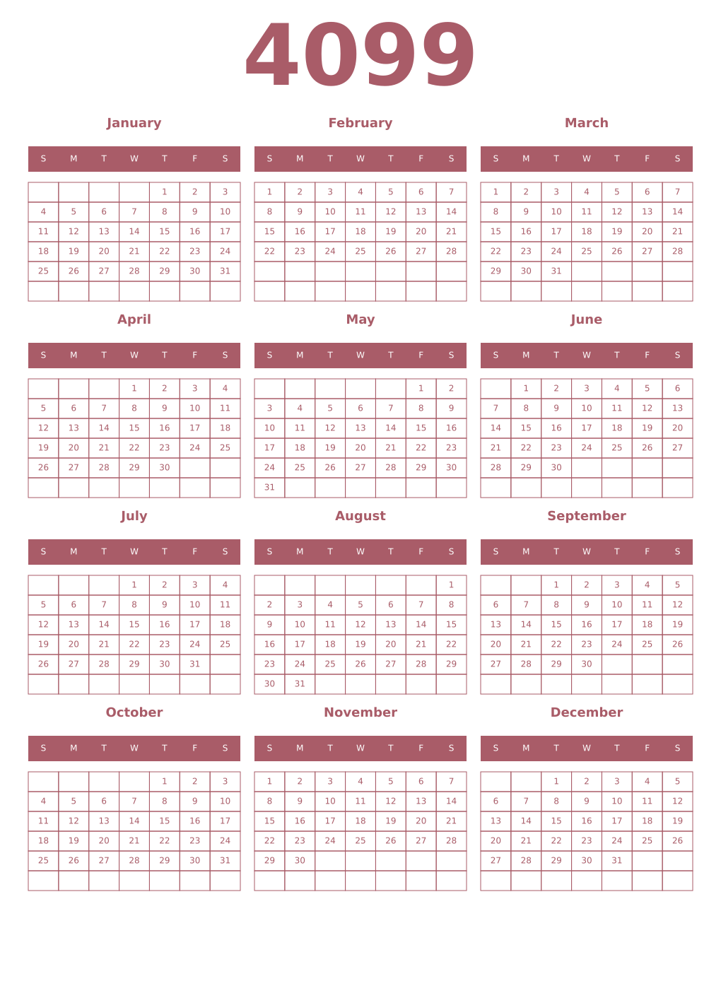 Printable 4099 Year Calendars puce