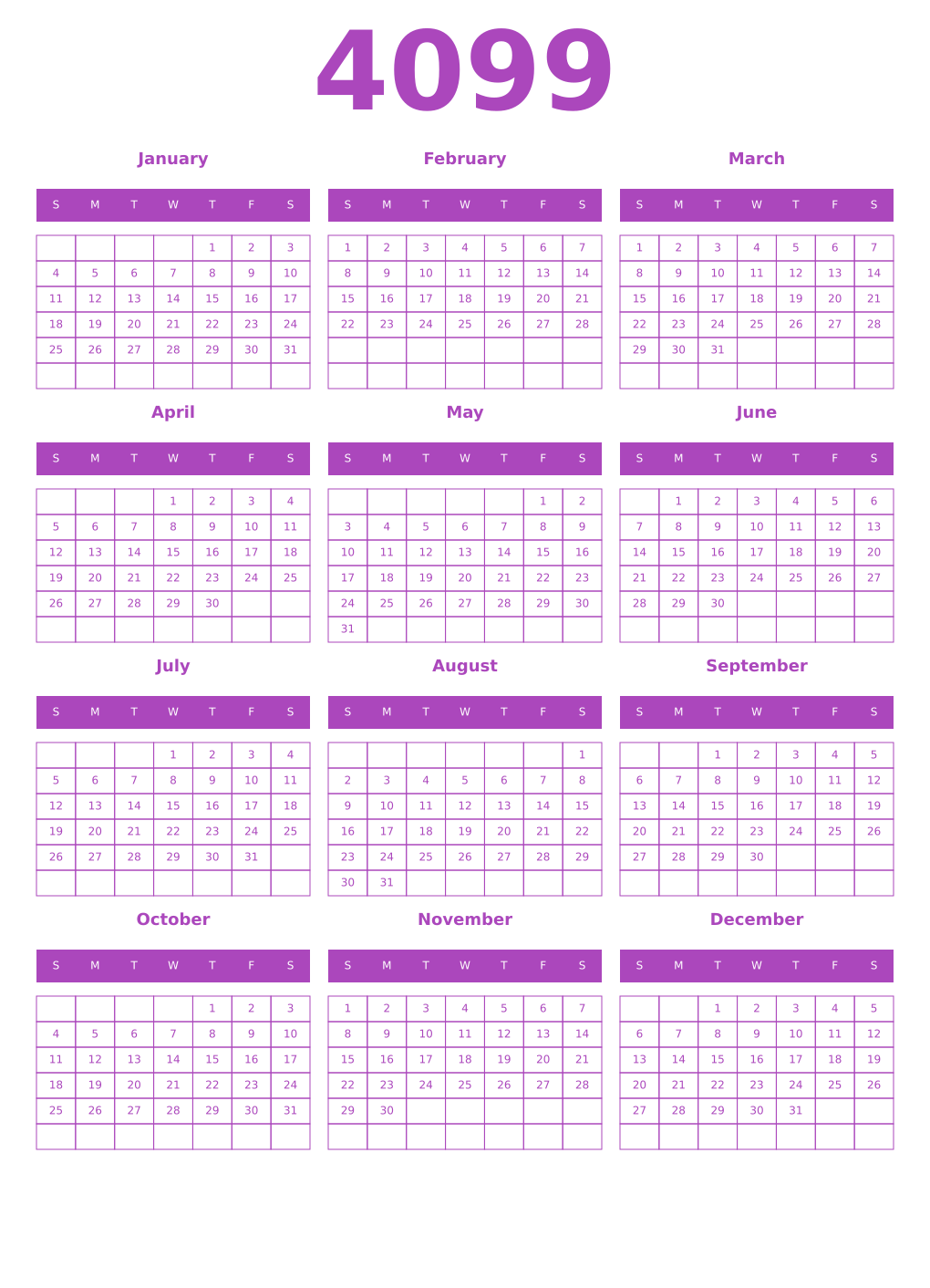 Printable 4099 Year Calendars purple