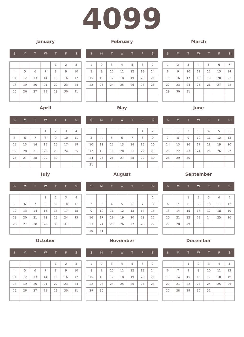 Printable 4099 Year Calendars wenge