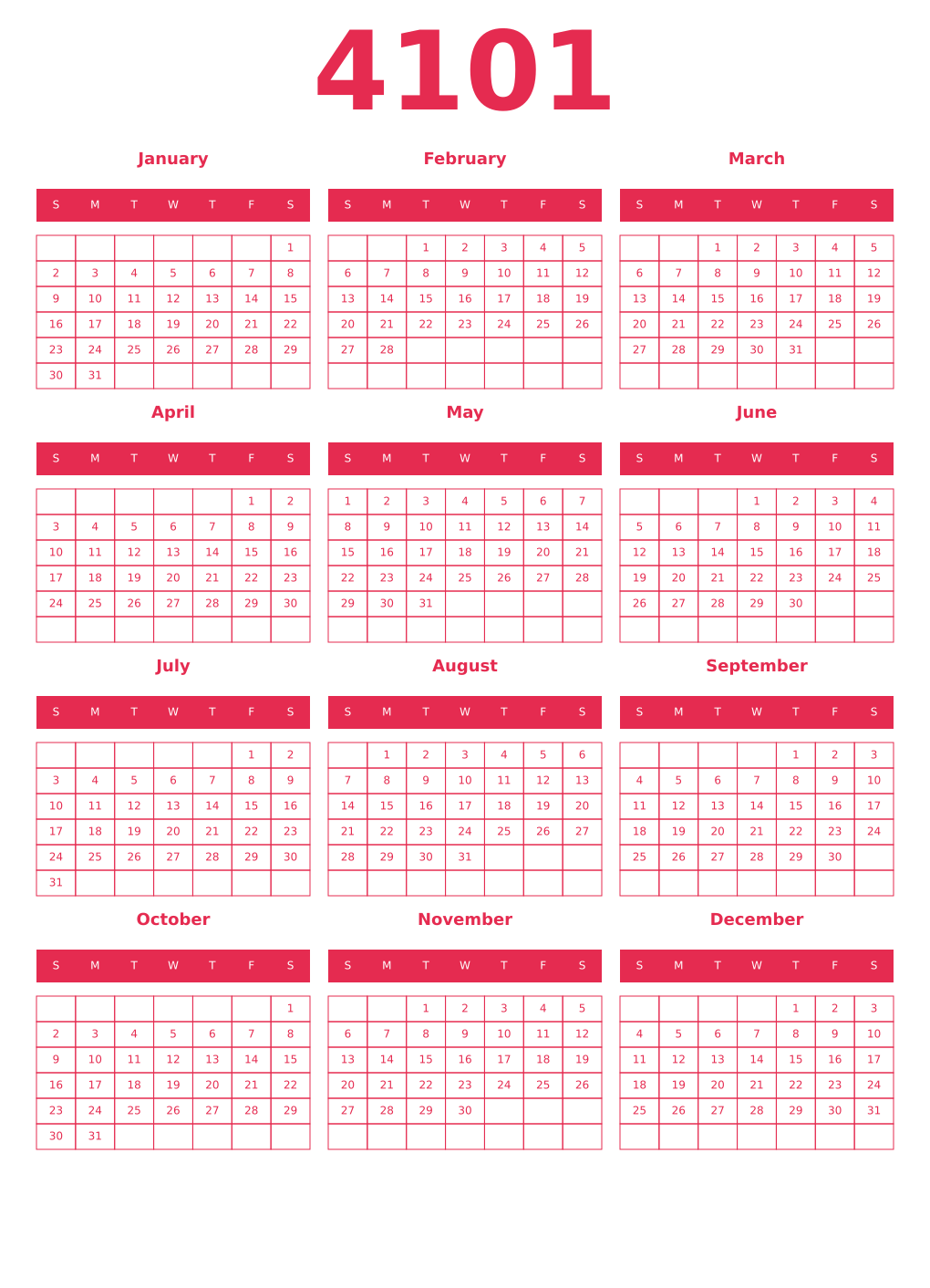 Printable 4101 Year Calendars amaranth