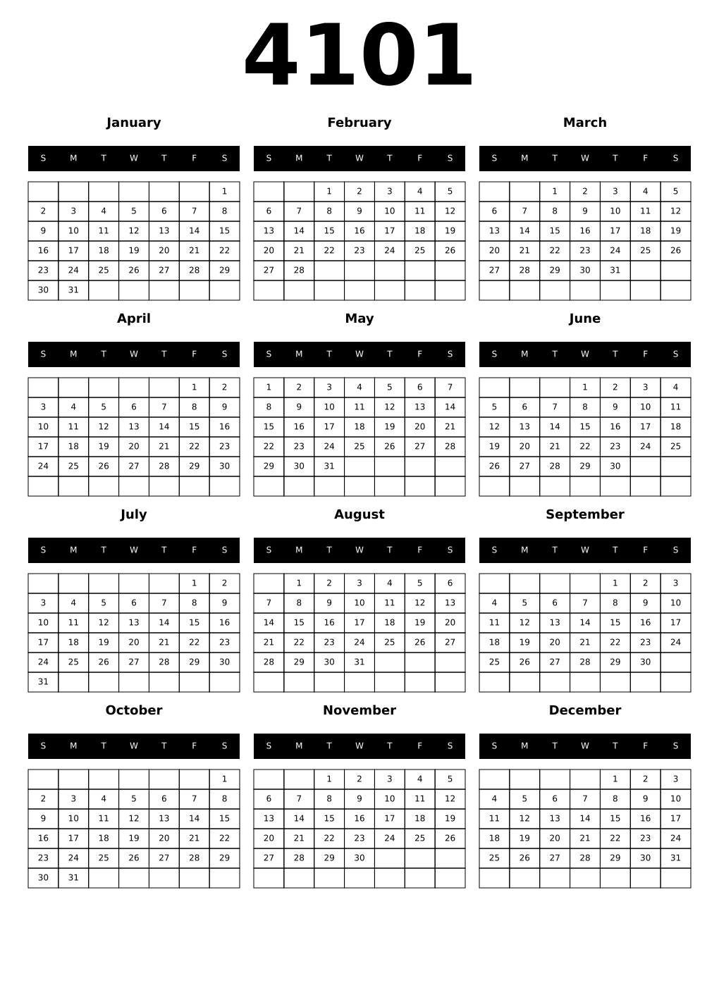 Printable 4101 Year Calendars black