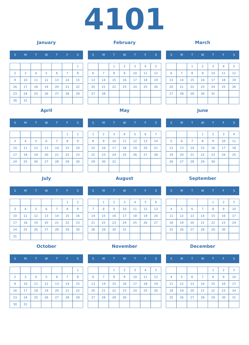 Printable 4101 Year Calendars blue