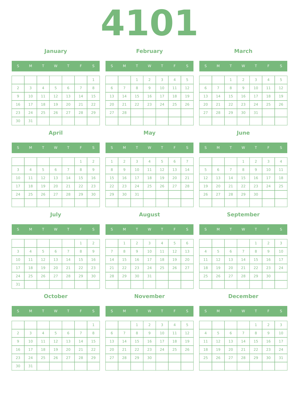 Printable 4101 Year Calendars celadon