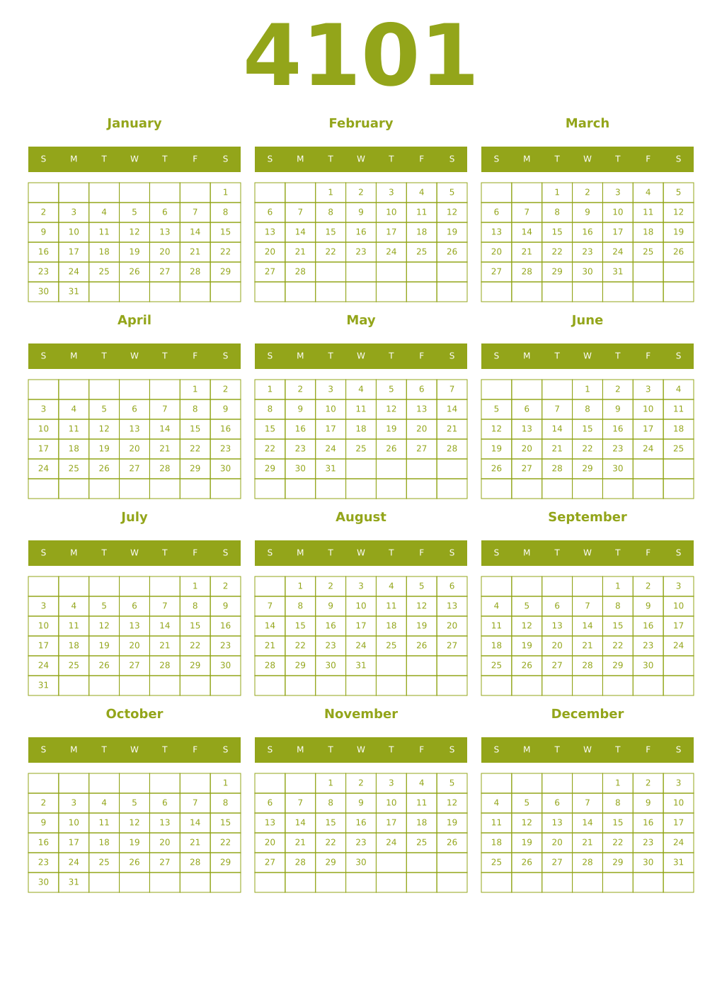 Printable 4101 Year Calendars chartreuse