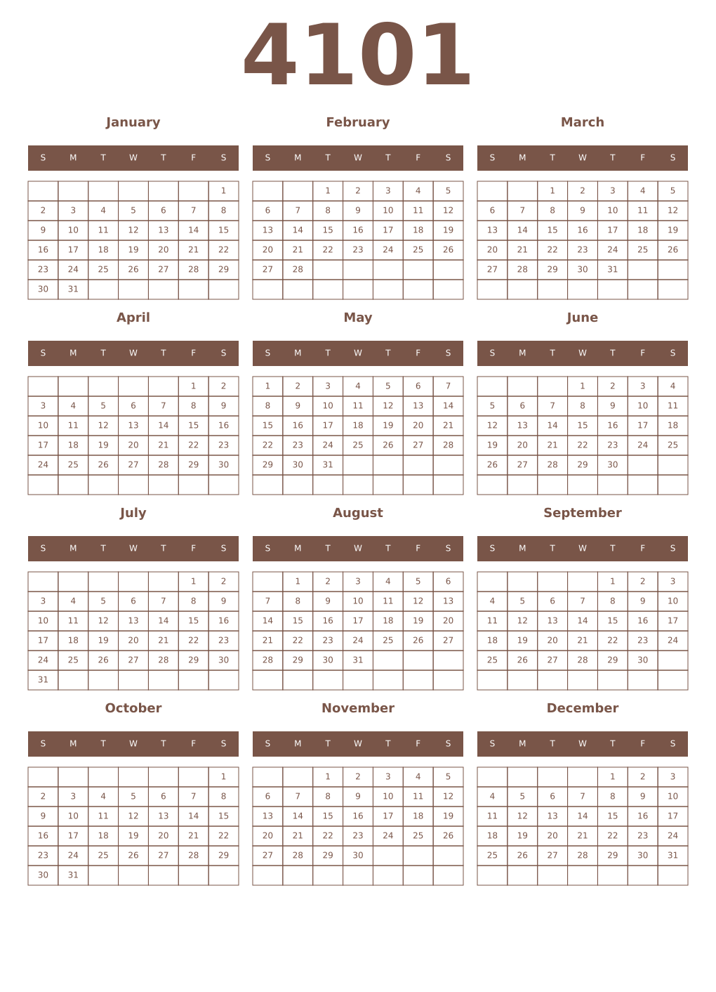 Printable 4101 Year Calendars coffe