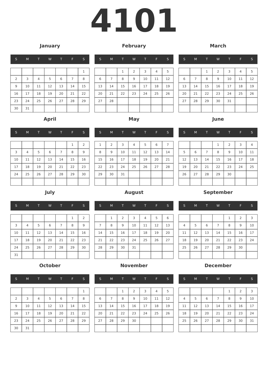 Printable 4101 Year Calendars dark