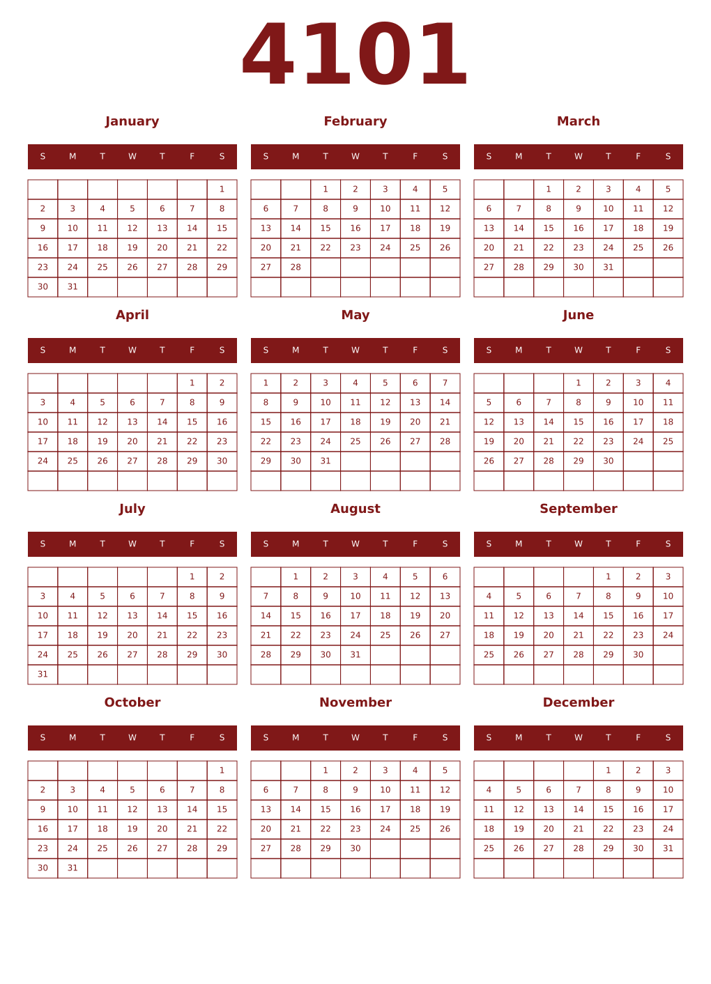 Printable 4101 Year Calendars falu