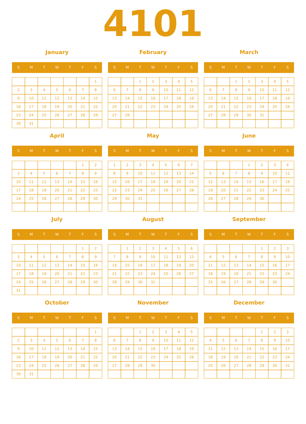 Printable 4101 Year Calendars gamboge