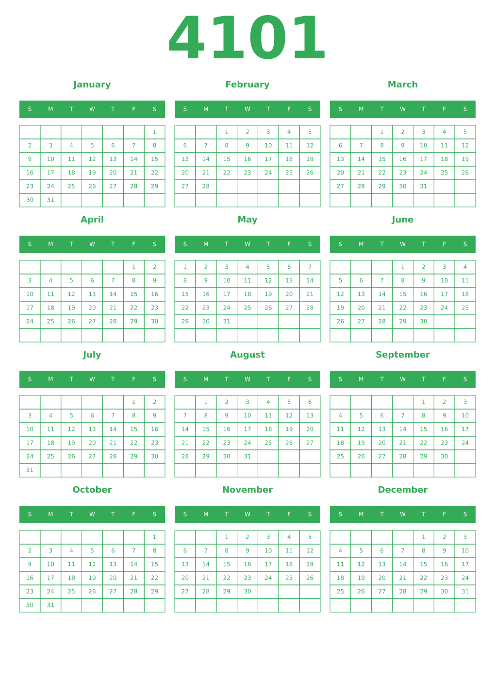 Printable 4101 Year Calendars green