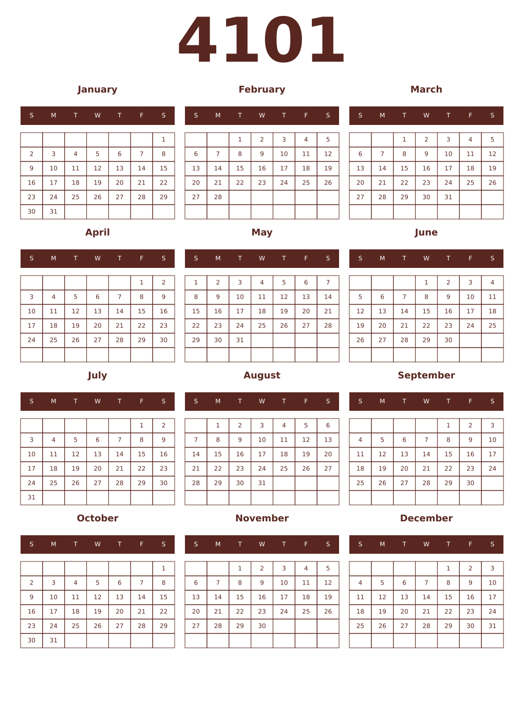 Printable 4101 Year Calendars mortuum