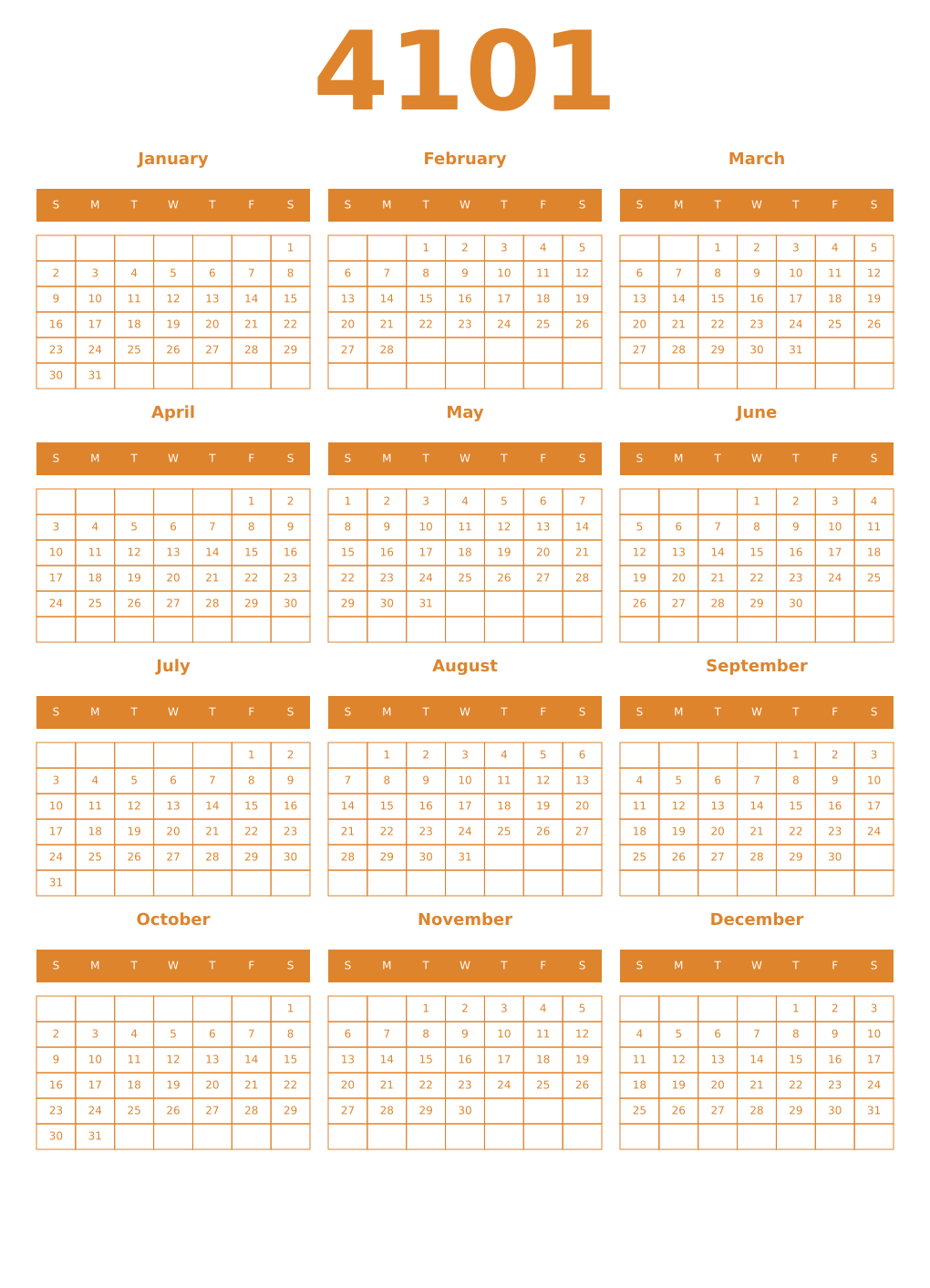 Printable 4101 Year Calendars orange