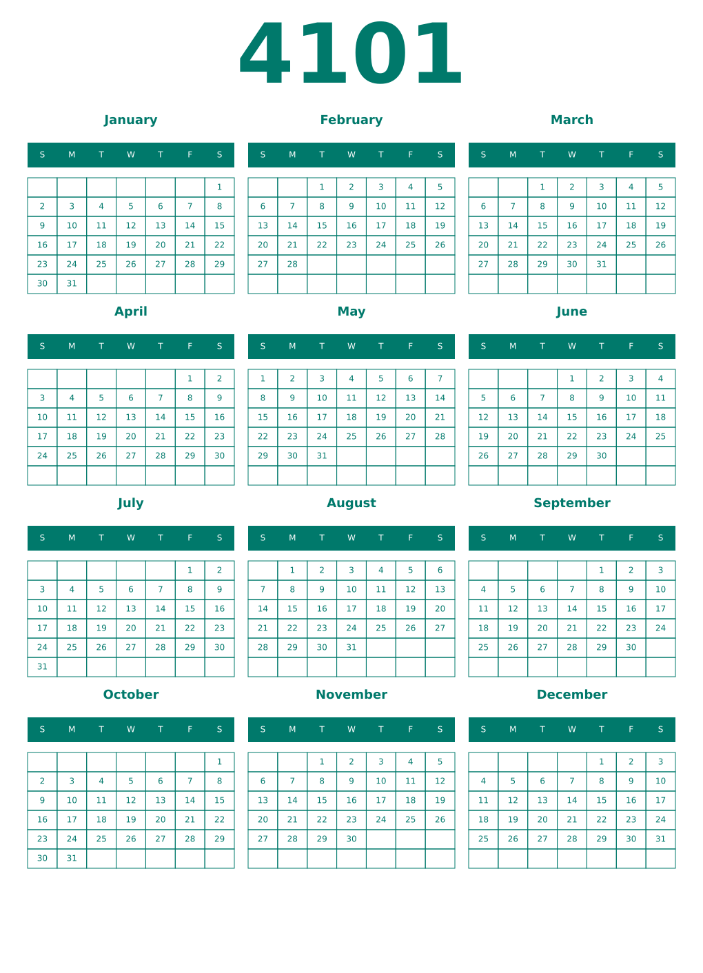 Printable 4101 Year Calendars pastel