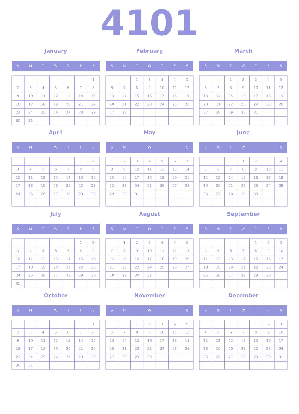 Printable 4101 Year Calendars periwinkle