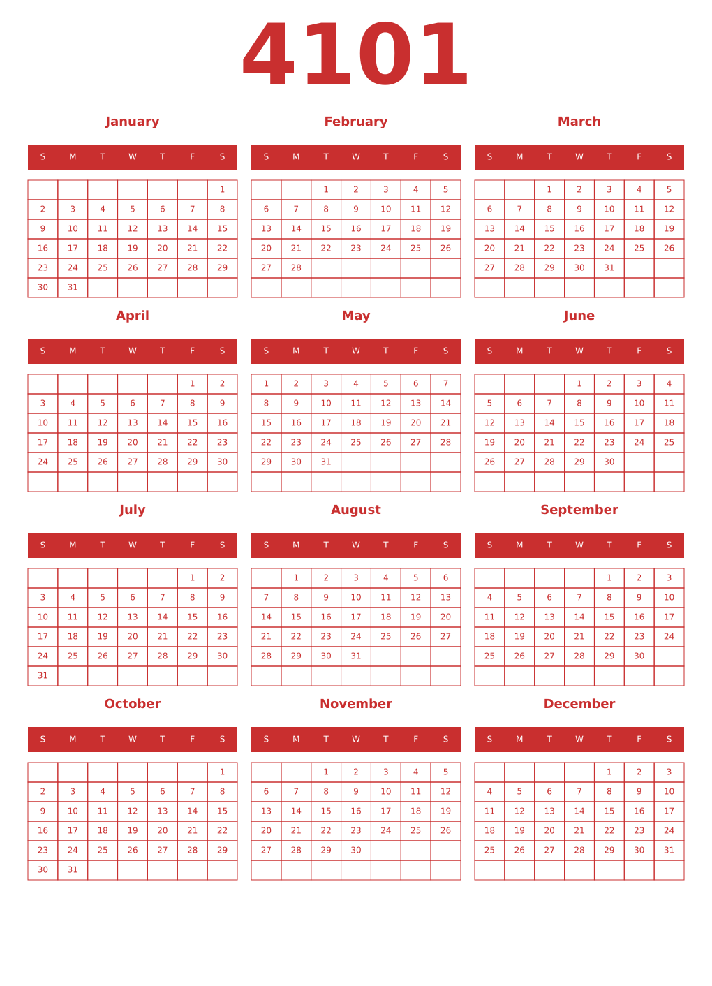 Printable 4101 Year Calendars red