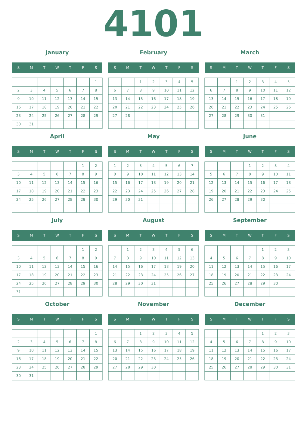 Printable 4101 Year Calendars viridian