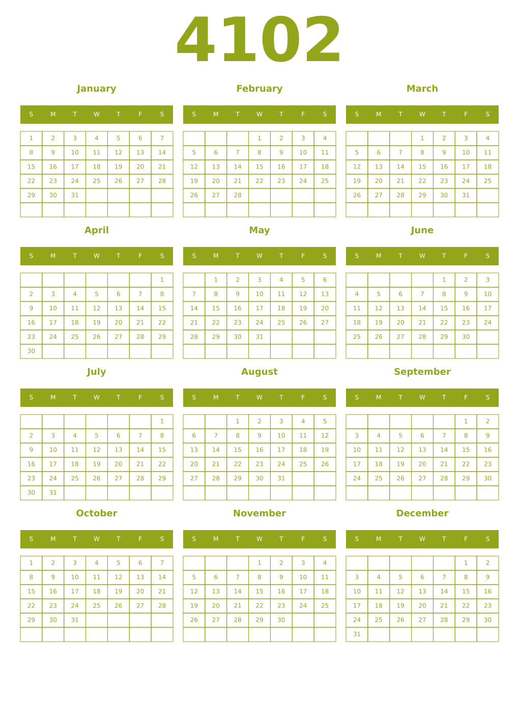 Printable 4102 Year Calendars chartreuse