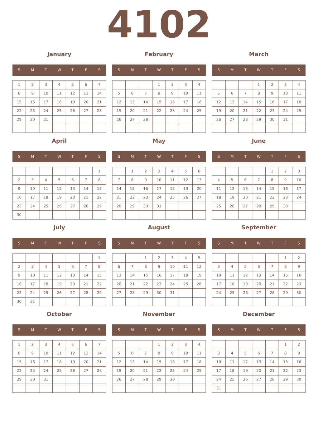 Printable 4102 Year Calendars coffe
