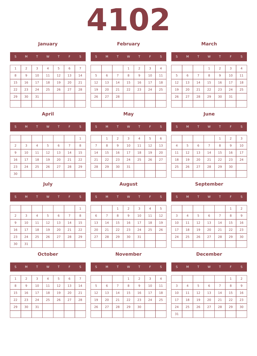 Printable 4102 Year Calendars cordovan