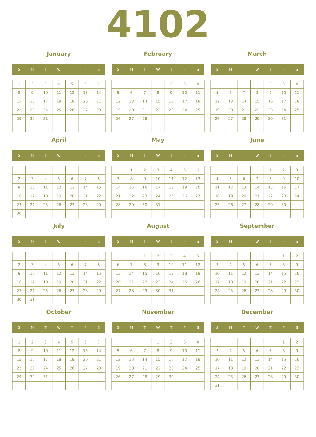 Printable 4102 Year Calendars eburnean