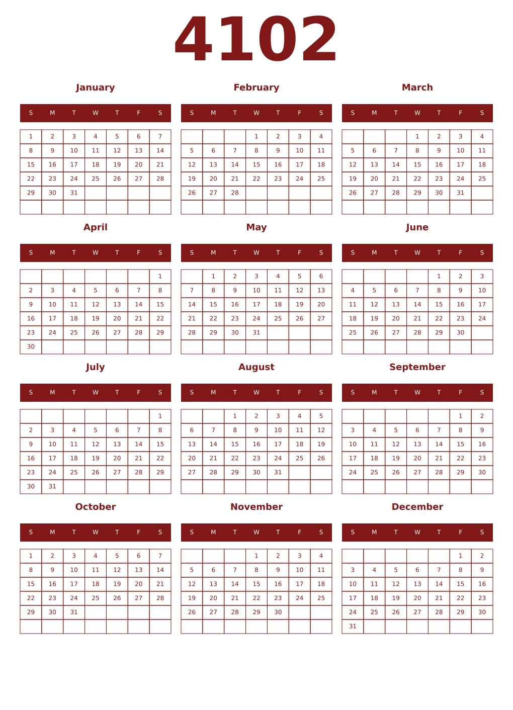 Printable 4102 Year Calendars falu