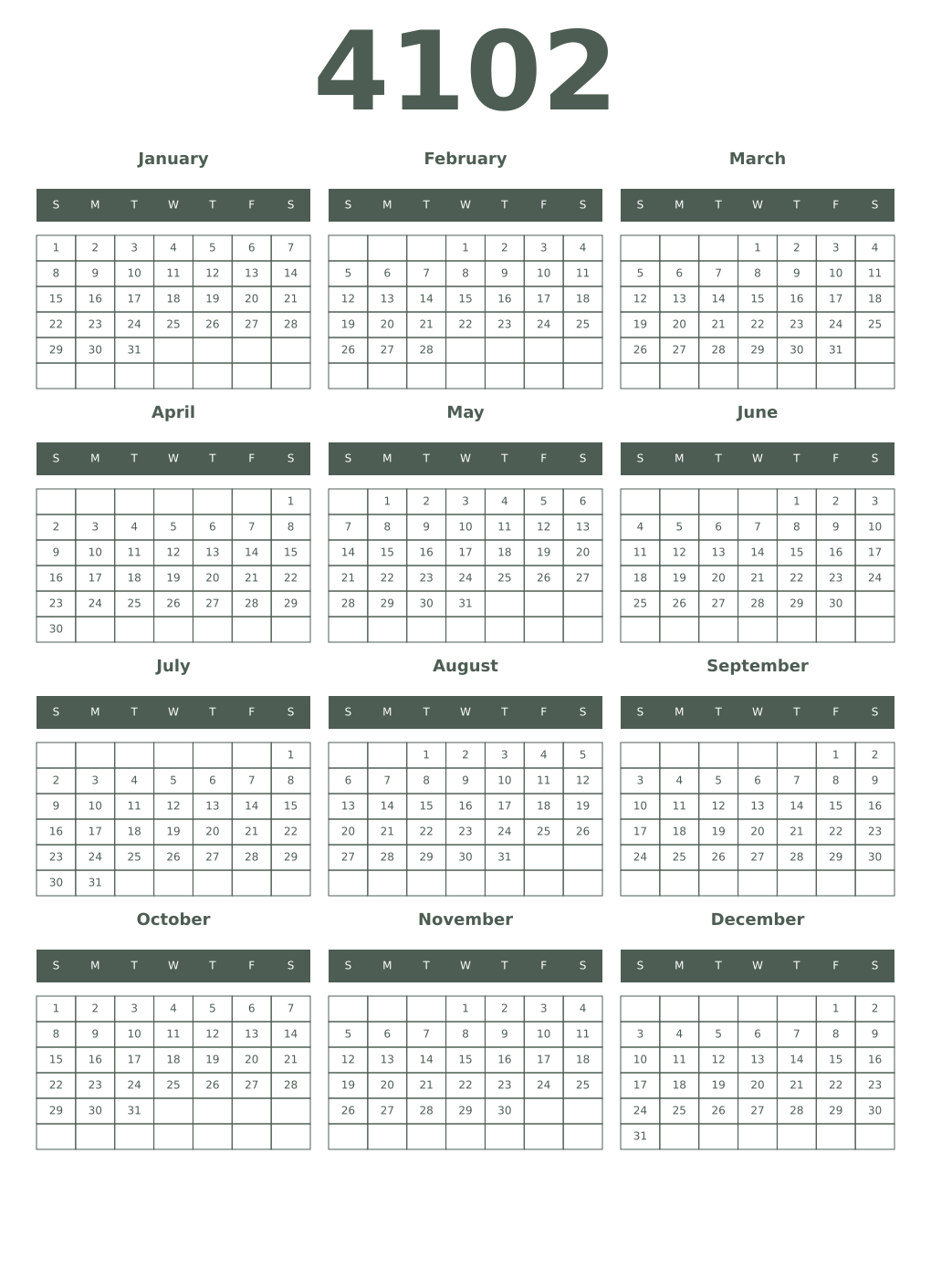 Printable 4102 Year Calendars feldgrau