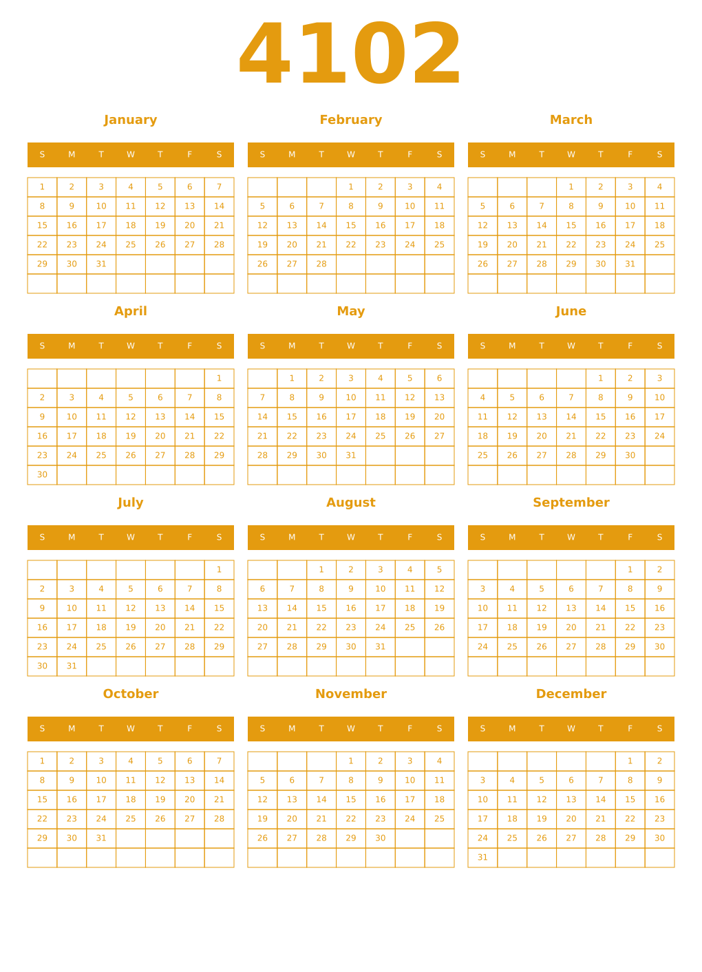Printable 4102 Year Calendars gamboge