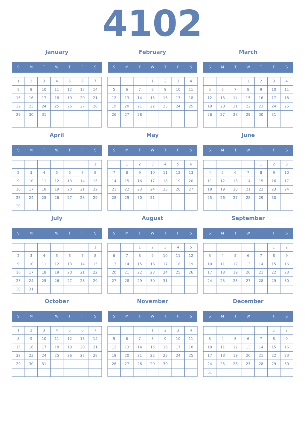 Printable 4102 Year Calendars glaucous