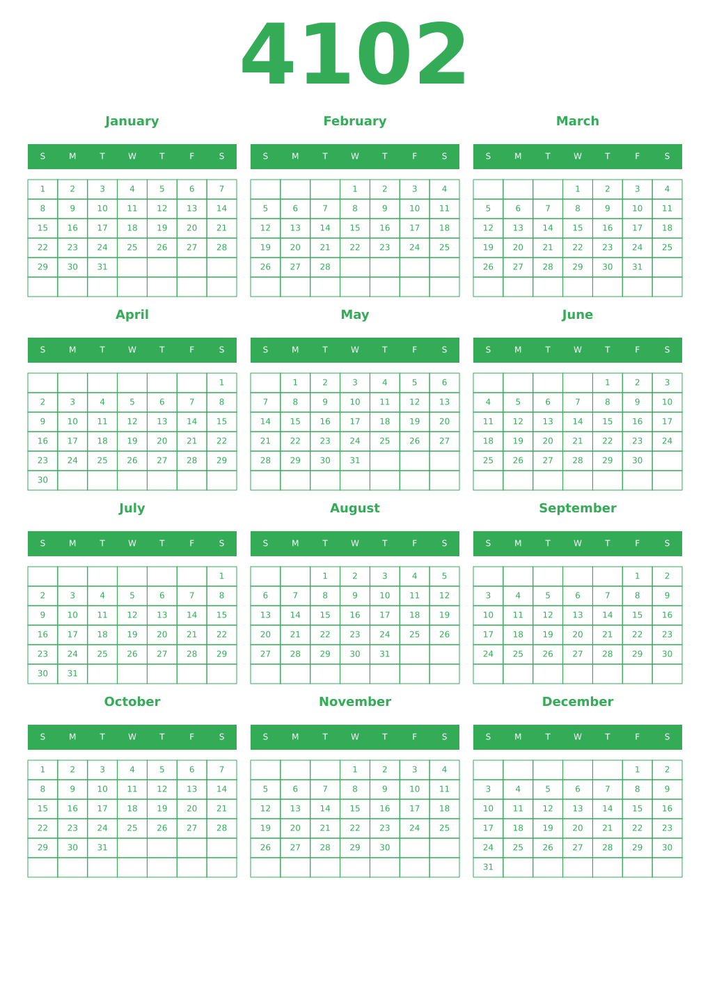 Printable 4102 Year Calendars green