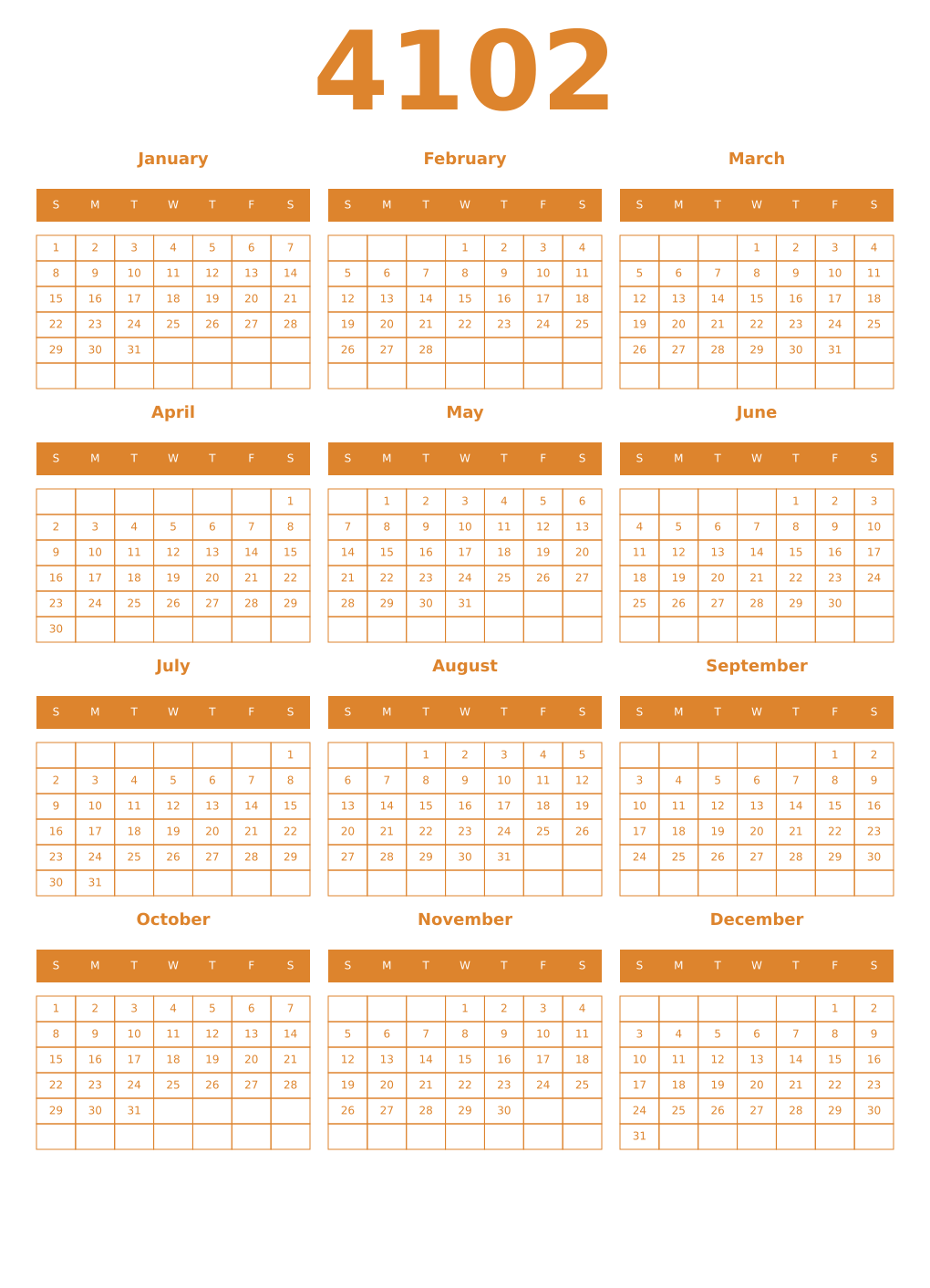 Printable 4102 Year Calendars orange