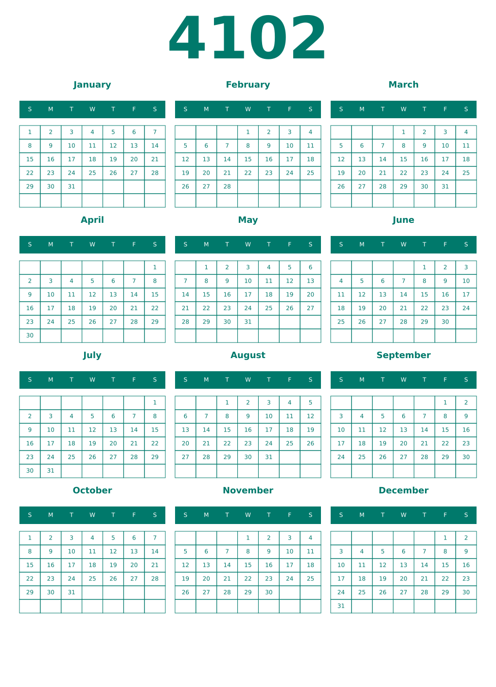Printable 4102 Year Calendars pastel
