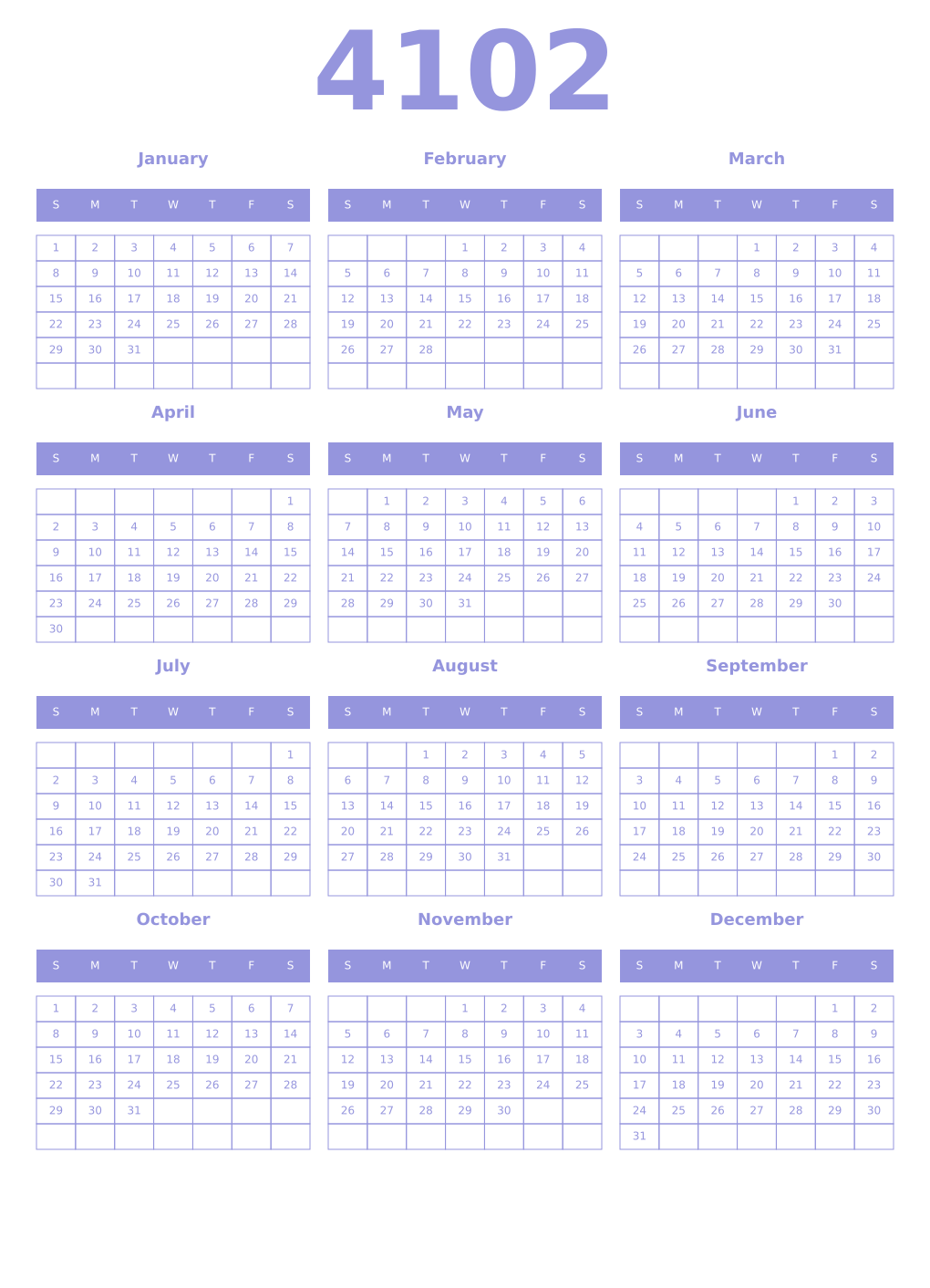 Printable 4102 Year Calendars periwinkle