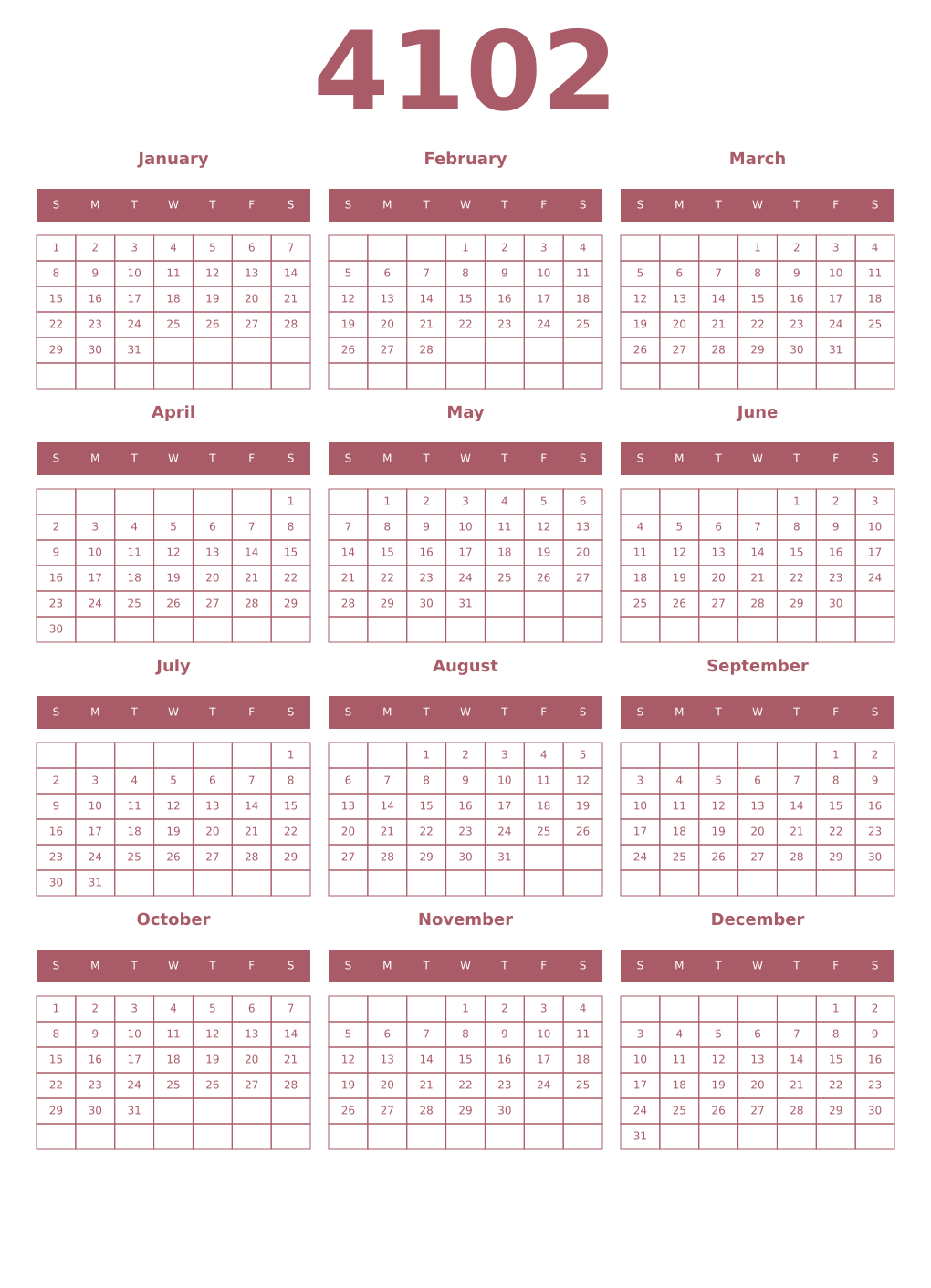 Printable 4102 Year Calendars puce