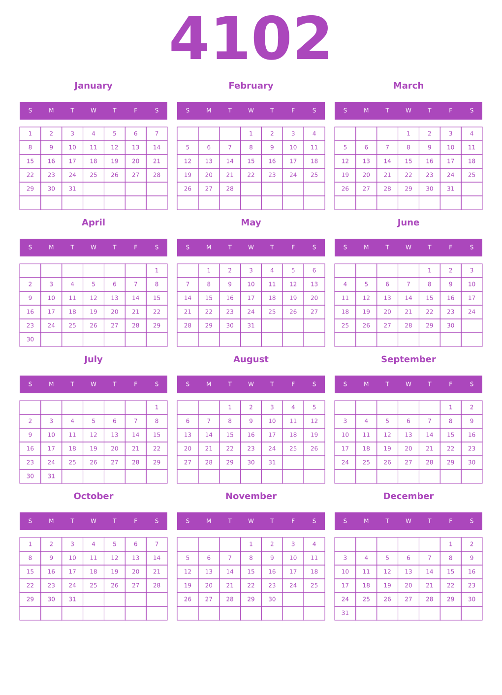 Printable 4102 Year Calendars purple