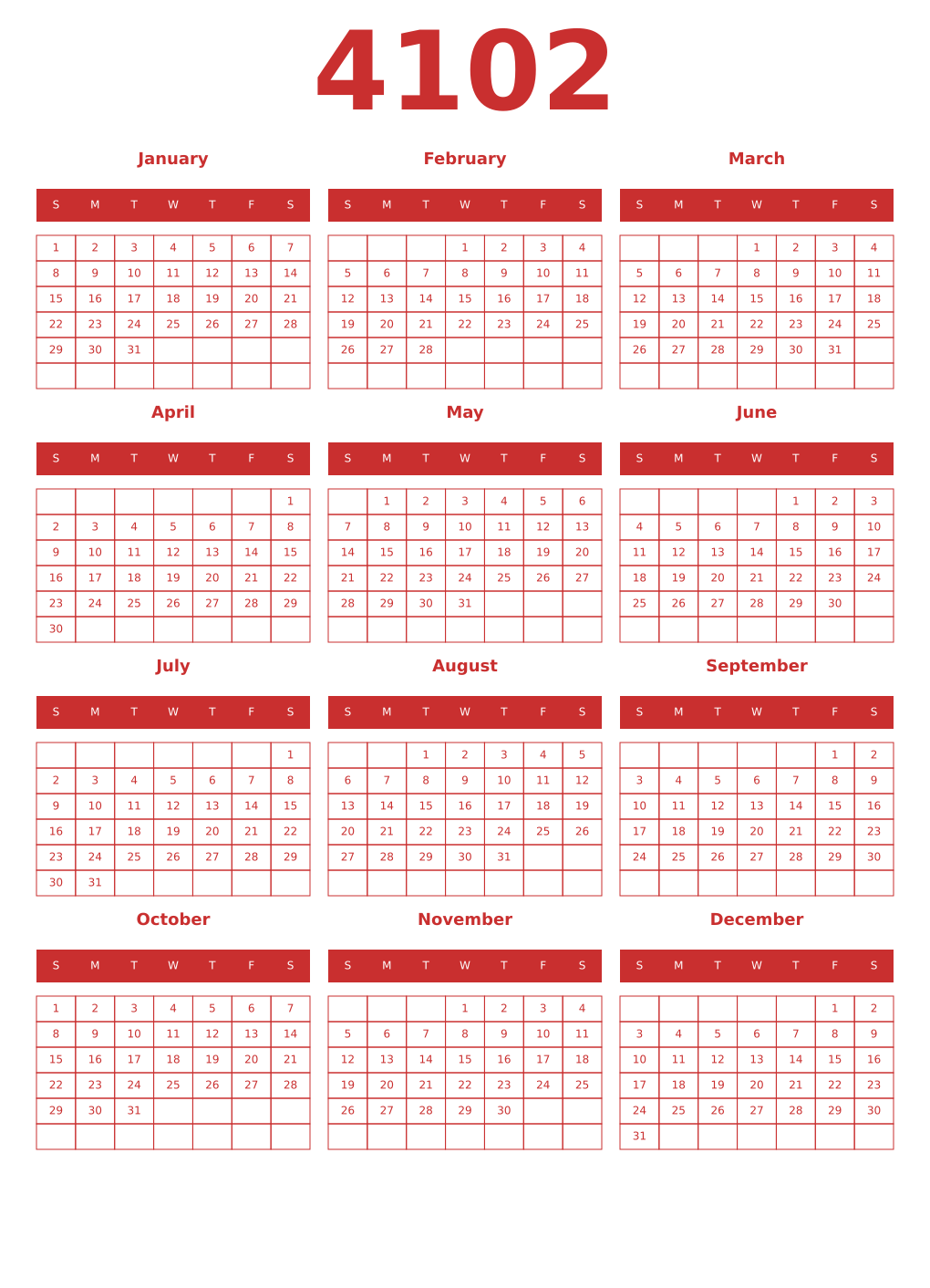 Printable 4102 Year Calendars red