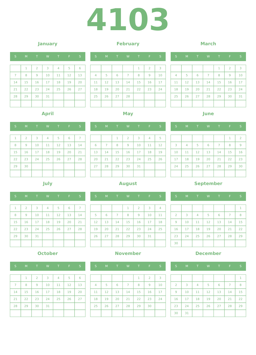 Printable 4103 Year Calendars celadon