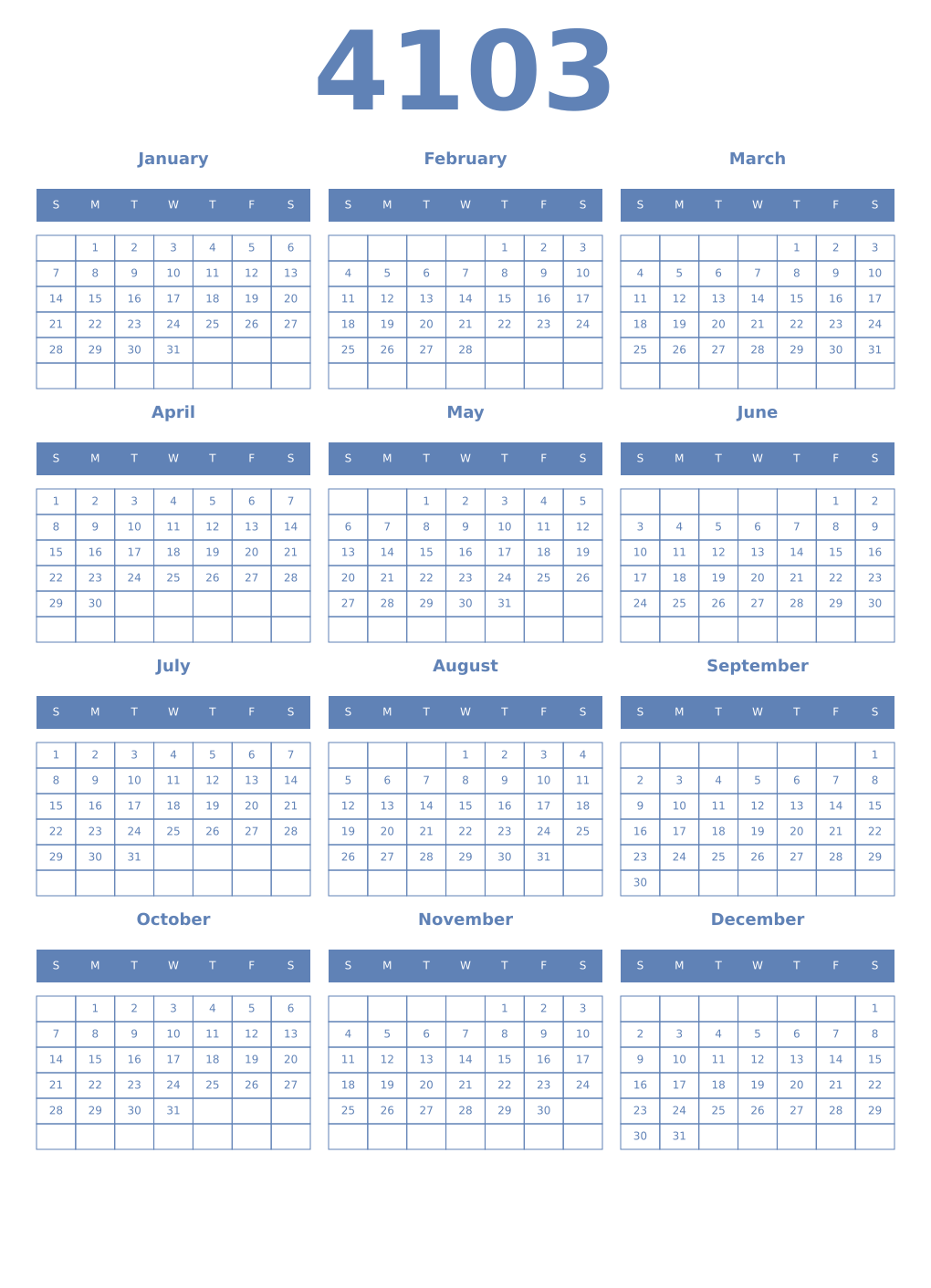 Printable 4103 Year Calendars glaucous