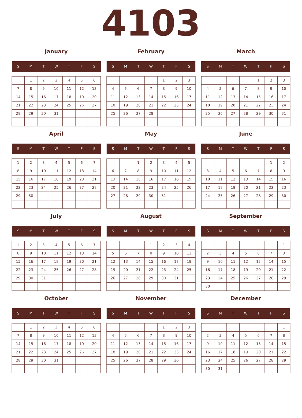 Printable 4103 Year Calendars mortuum