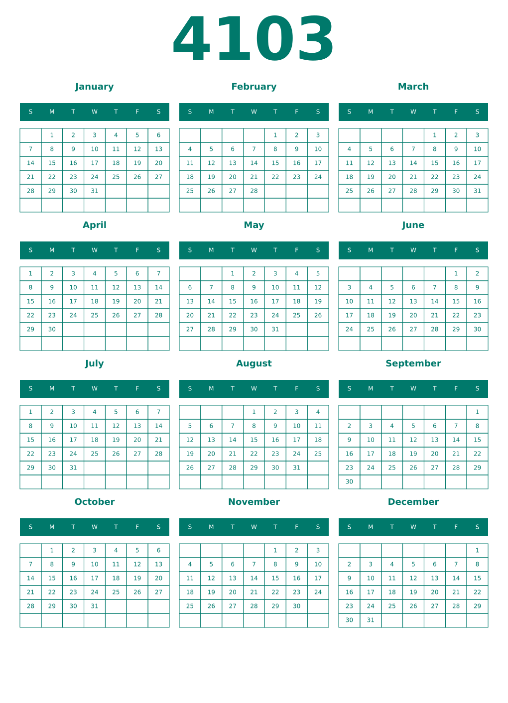 Printable 4103 Year Calendars pastel