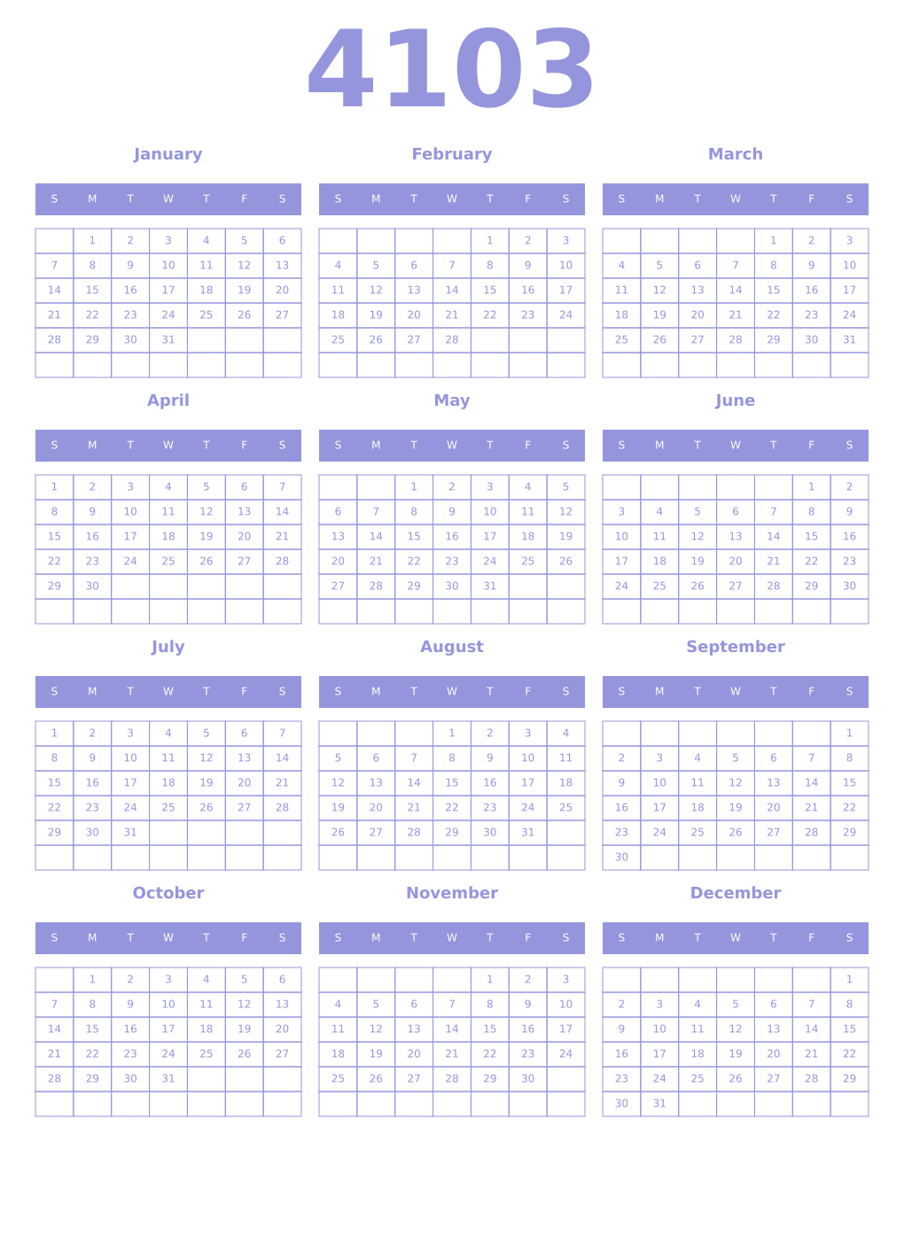 Printable 4103 Year Calendars periwinkle