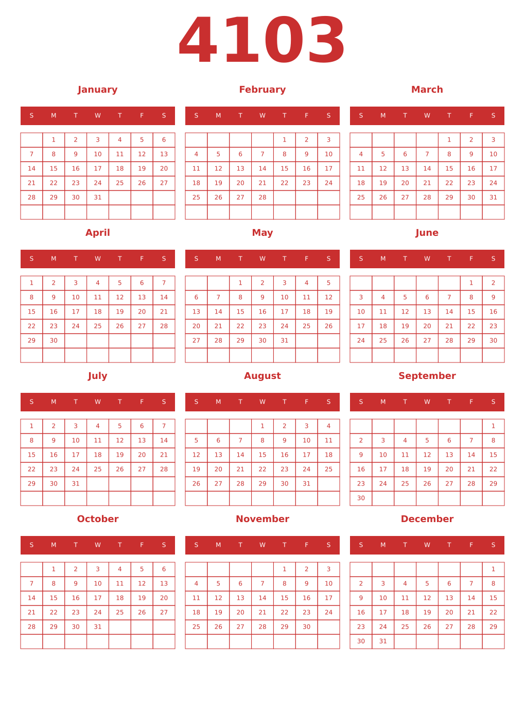 Printable 4103 Year Calendars red