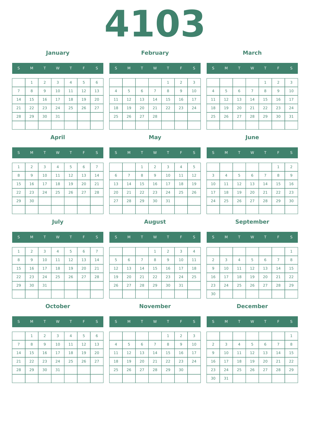 Printable 4103 Year Calendars viridian
