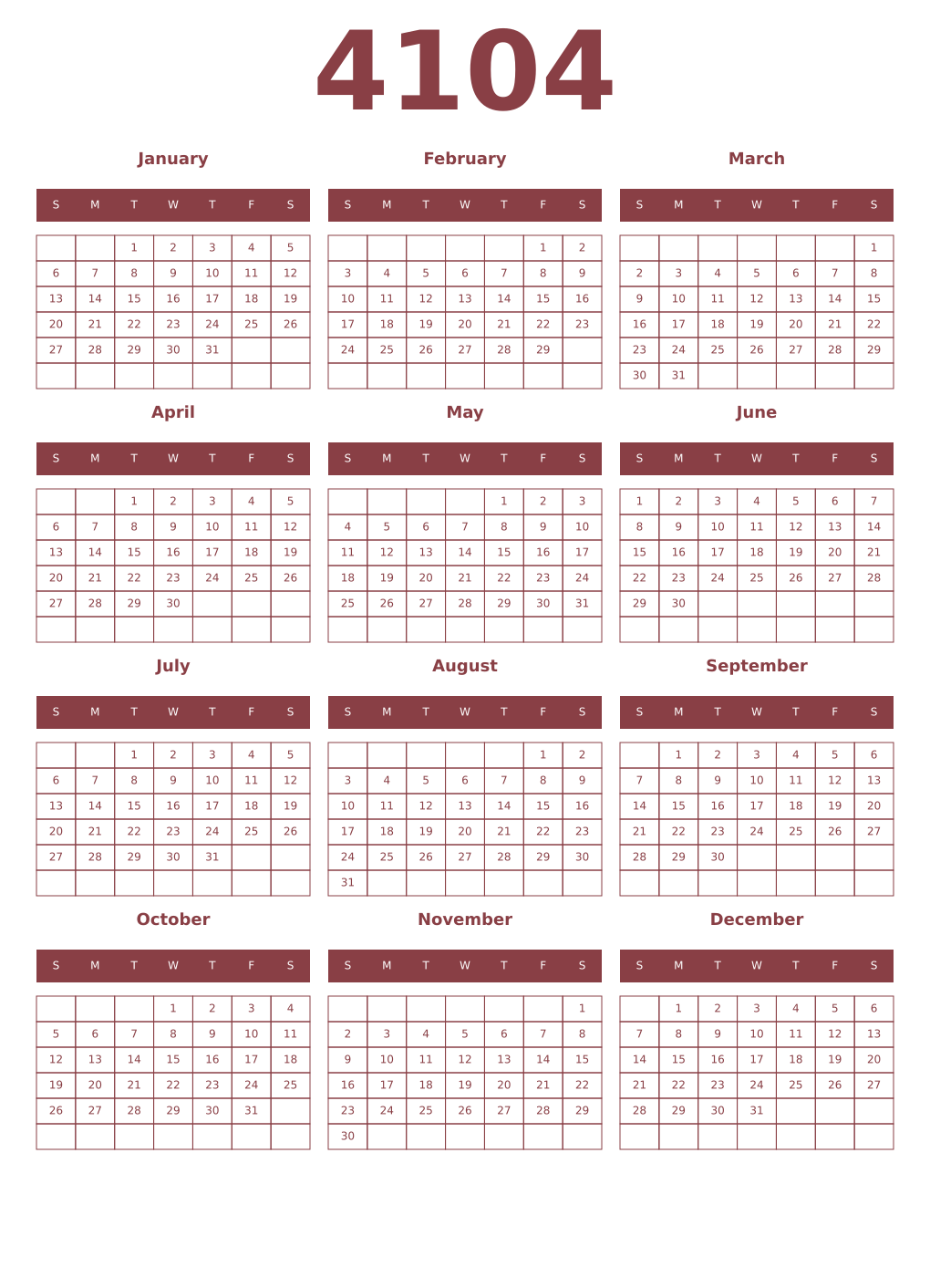 Printable 4104 Year Calendars cordovan