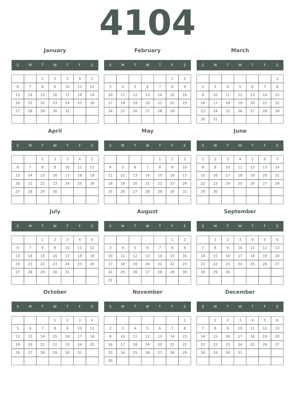 Printable 4104 Year Calendars feldgrau