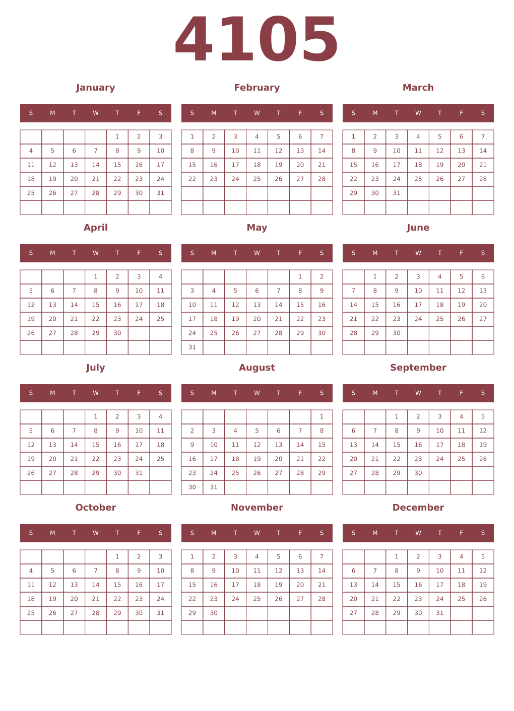 Printable 4105 Year Calendars cordovan