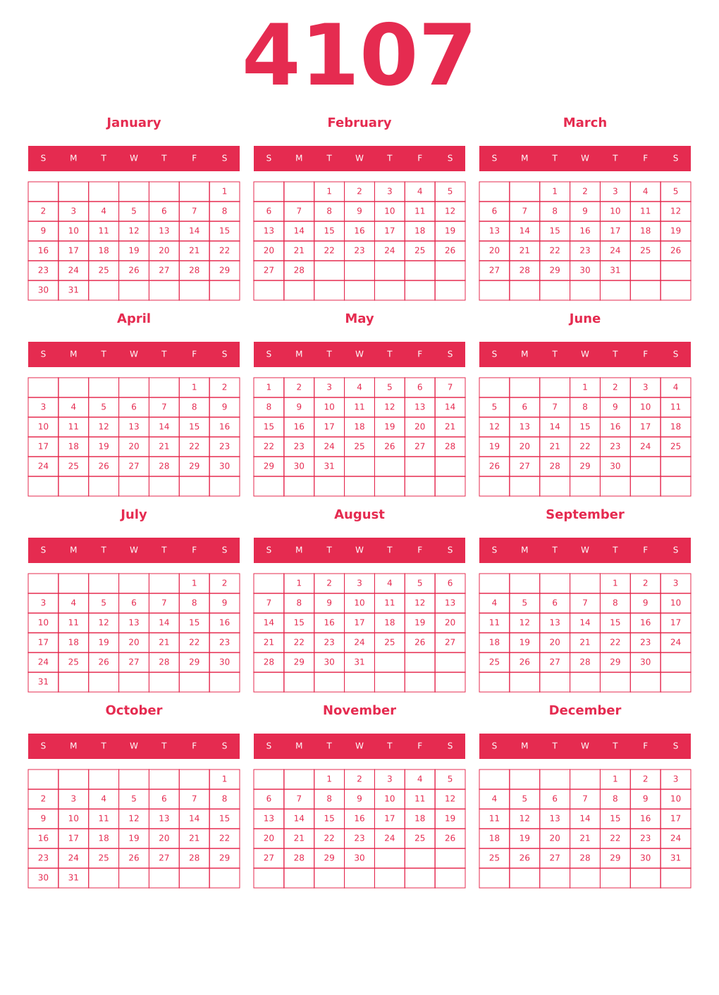 Printable 4107 Year Calendars amaranth